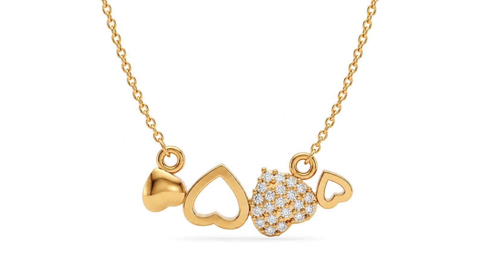 Hearts Necklace , 16Inch , Yellow Gold , 18 K
