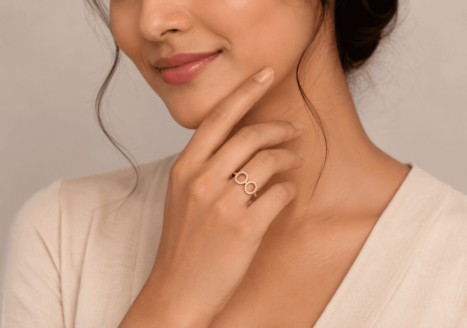 Twin Circle Diamond Ring , 7MM , 18 K , Yellow Gold