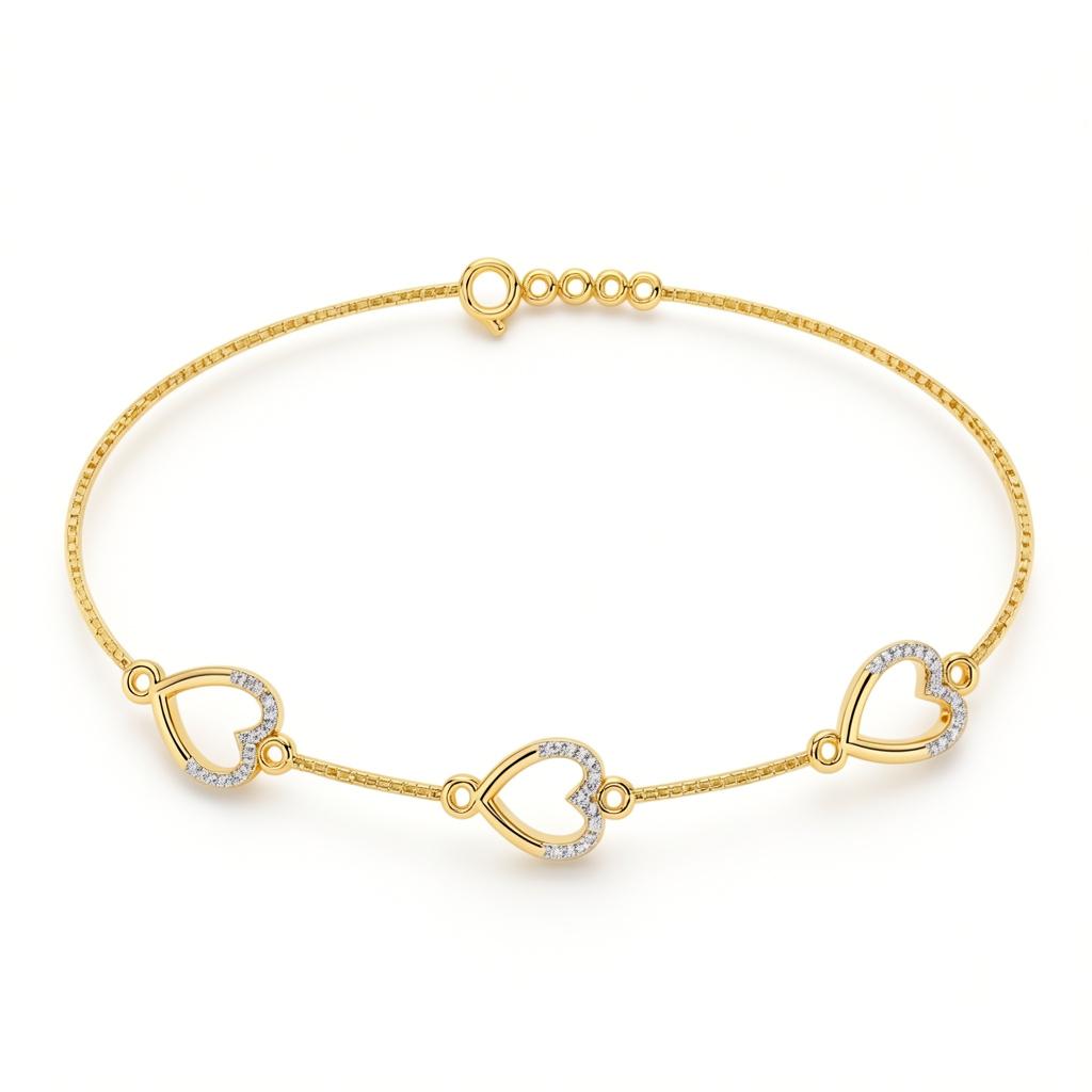 Triple Heart Bracelet , 5.5 Inch , Yellow Gold , 18 K