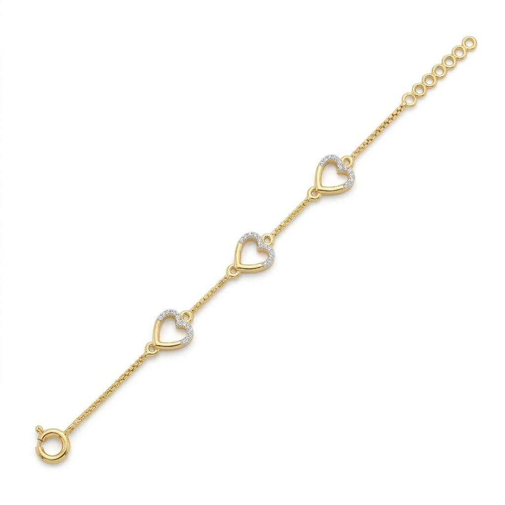 Triple Heart Bracelet , 5.5 Inch , Yellow Gold , 18 K