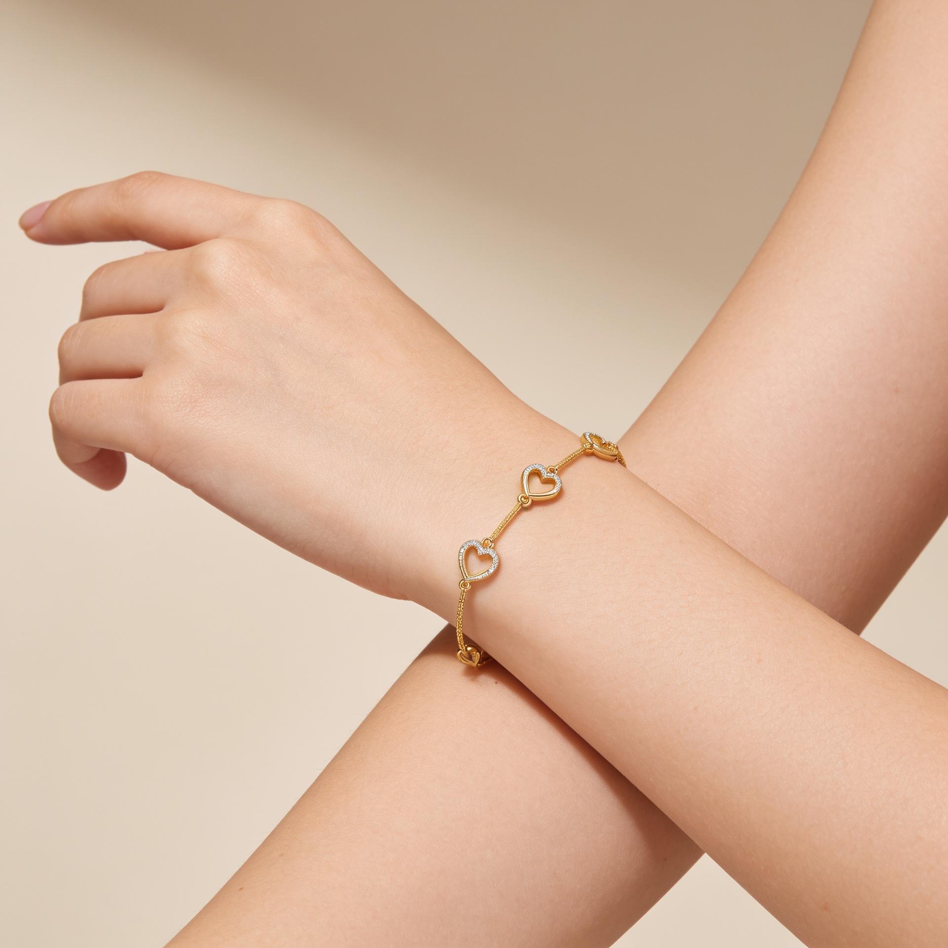 Triple Heart Bracelet , 5.5 Inch , Yellow Gold , 18 K