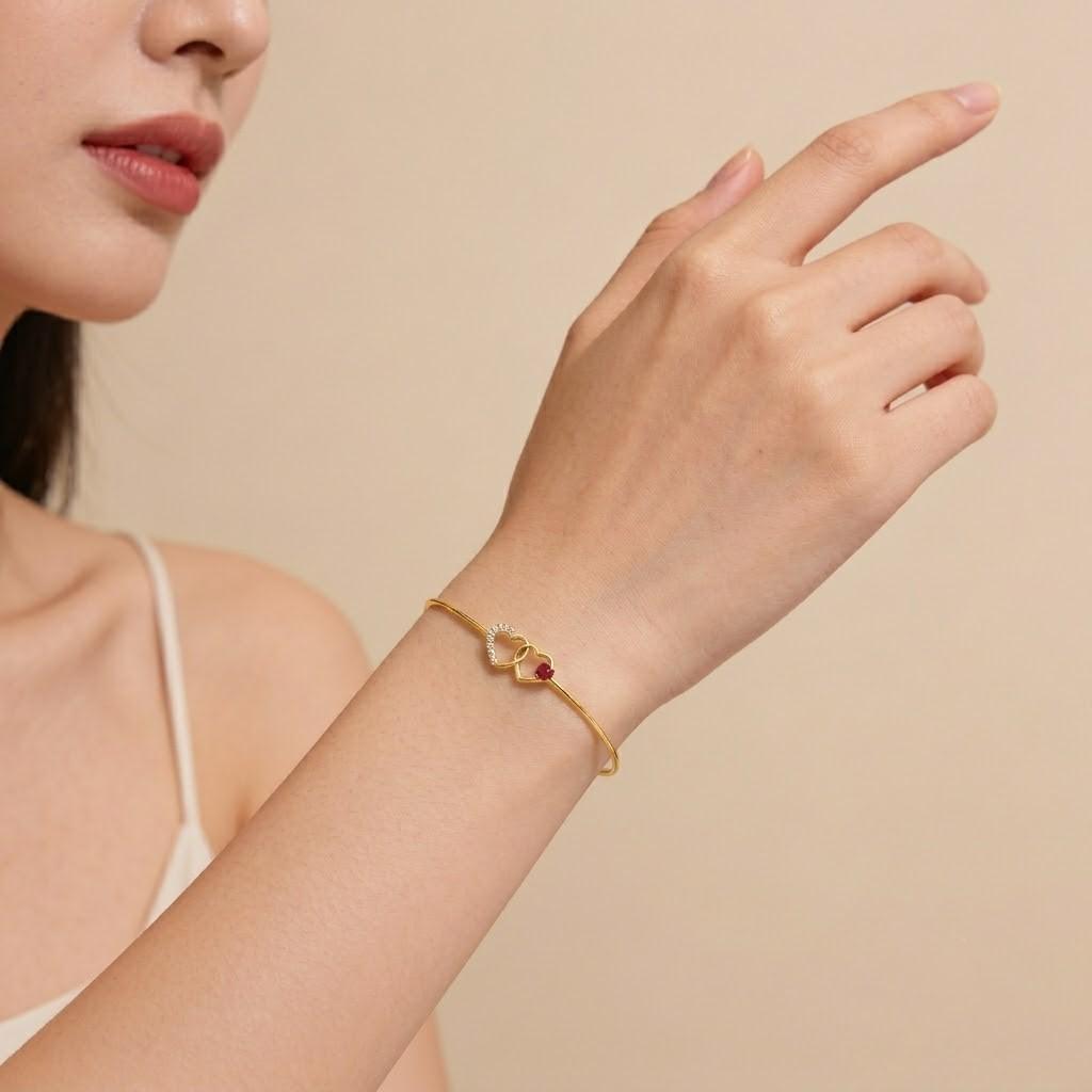 Ruby Heart  Bangle , Yellow Gold , 1.12 Inch , 18 K