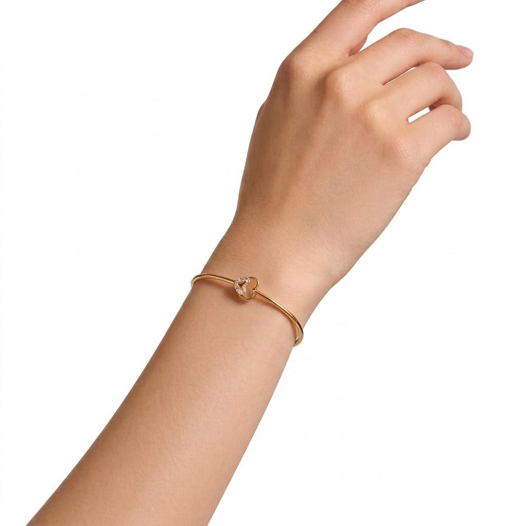 Amora Diamond Heart Bangle , Yellow Gold , 1.2 Inch , 18 K