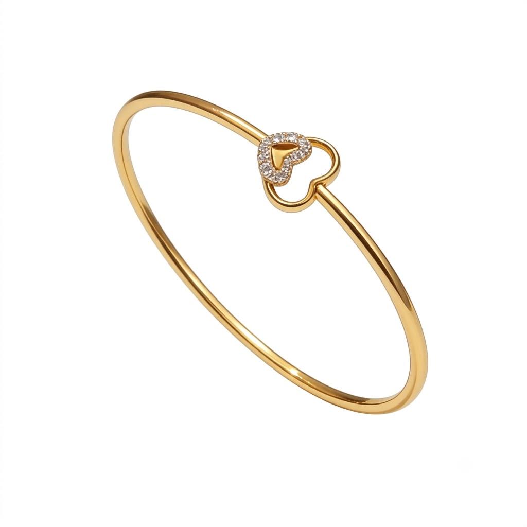 Amora Diamond Heart Bangle , Yellow Gold , 1.2 Inch , 18 K