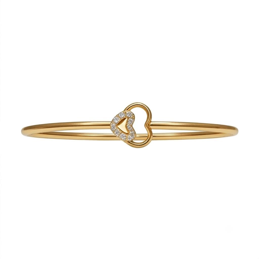 Amora Diamond Heart Bangle , Yellow Gold , 1.2 Inch , 18 K