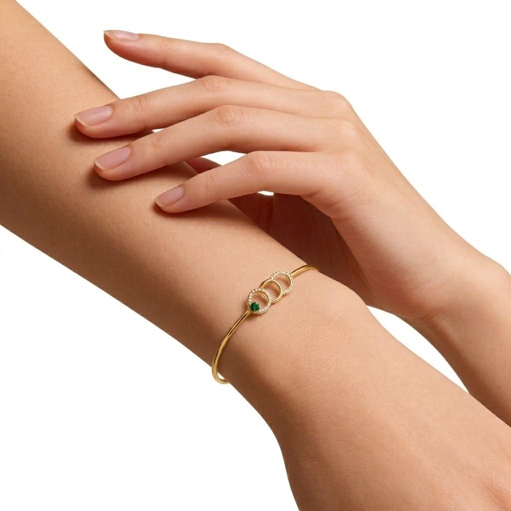 Emerald Orbit Diamond Bangle , Yellow Gold , 1.2 Inch , 18 K