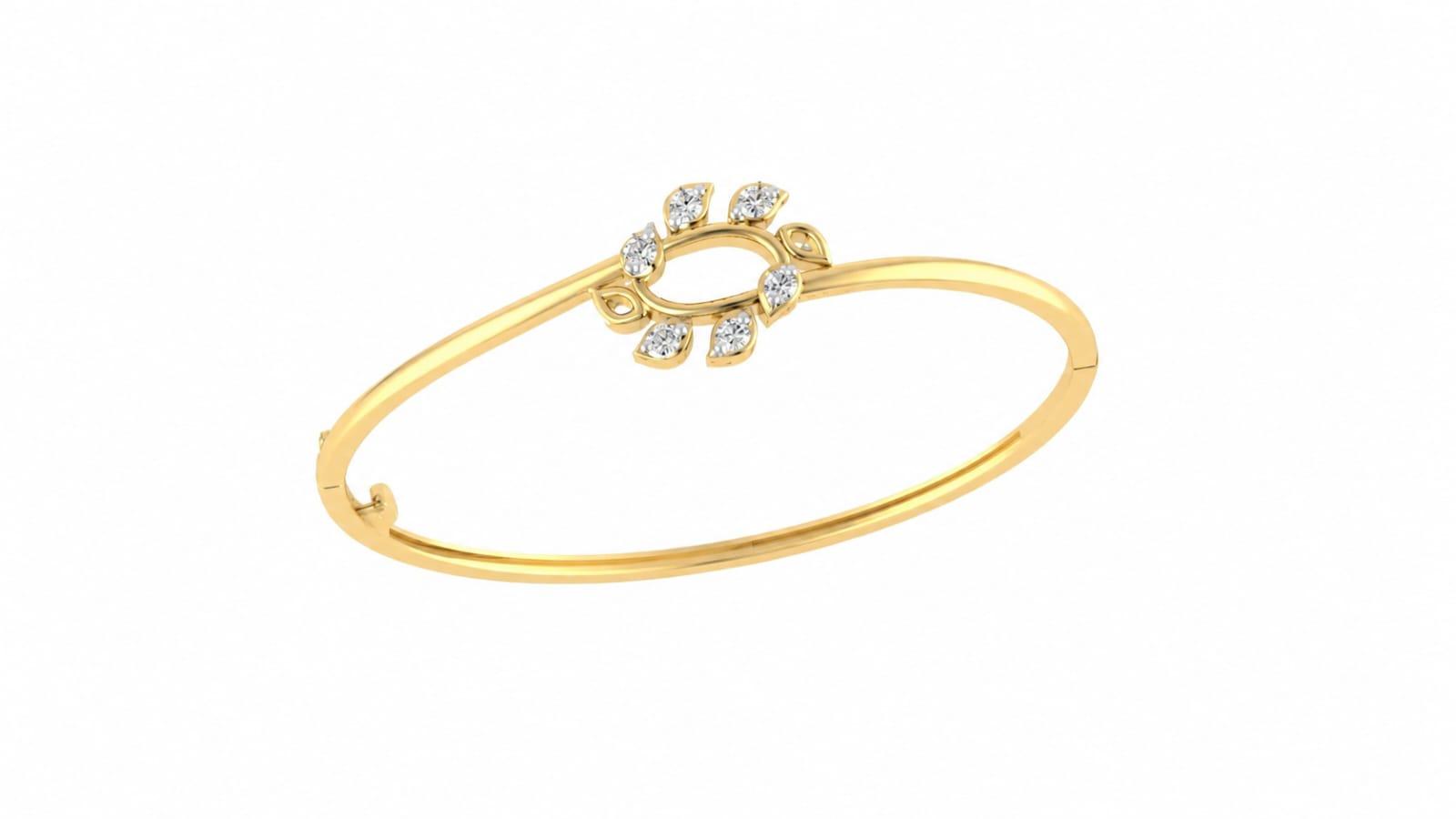 Leaf Motif Diamond Bangle , Yellow Gold , 1.2 Inch , 18 K