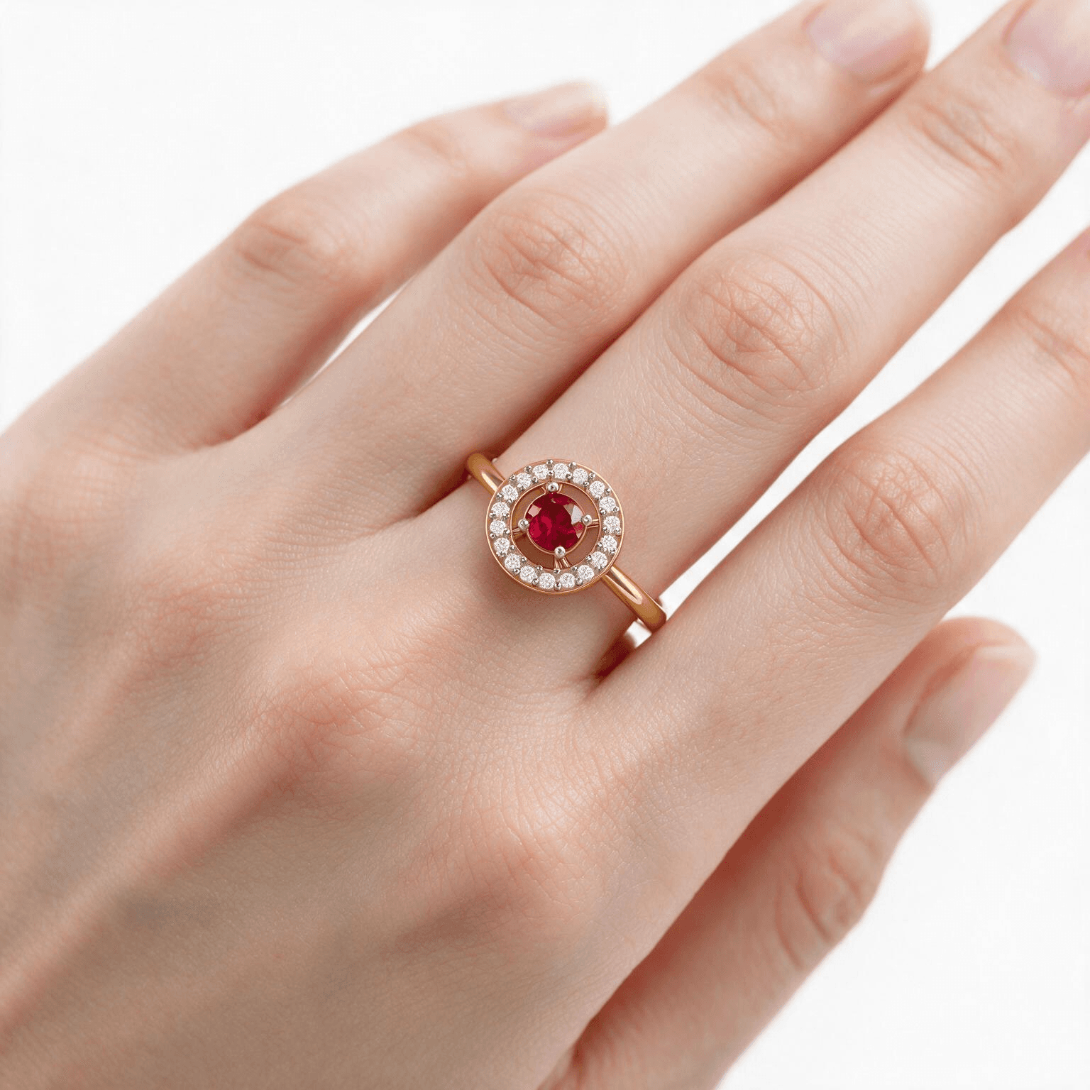 Ruby Halo Diamond Ring , 7MM , 18 K , Yellow Gold