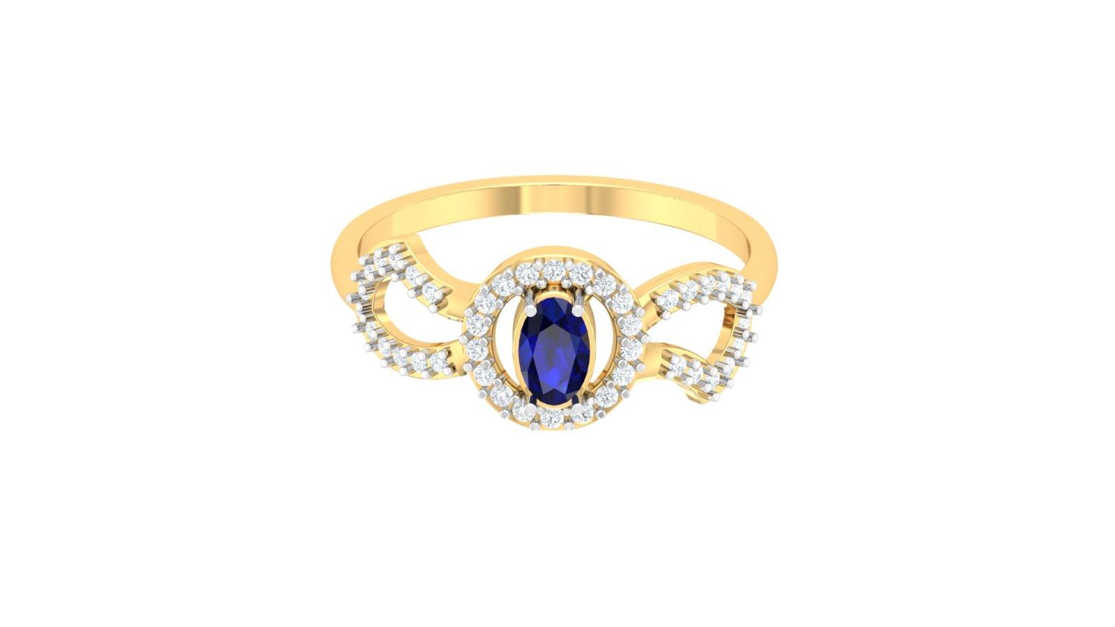 Blue Sapphire Halo Diamond Ring , 7MM , 18 K , Yellow Gold