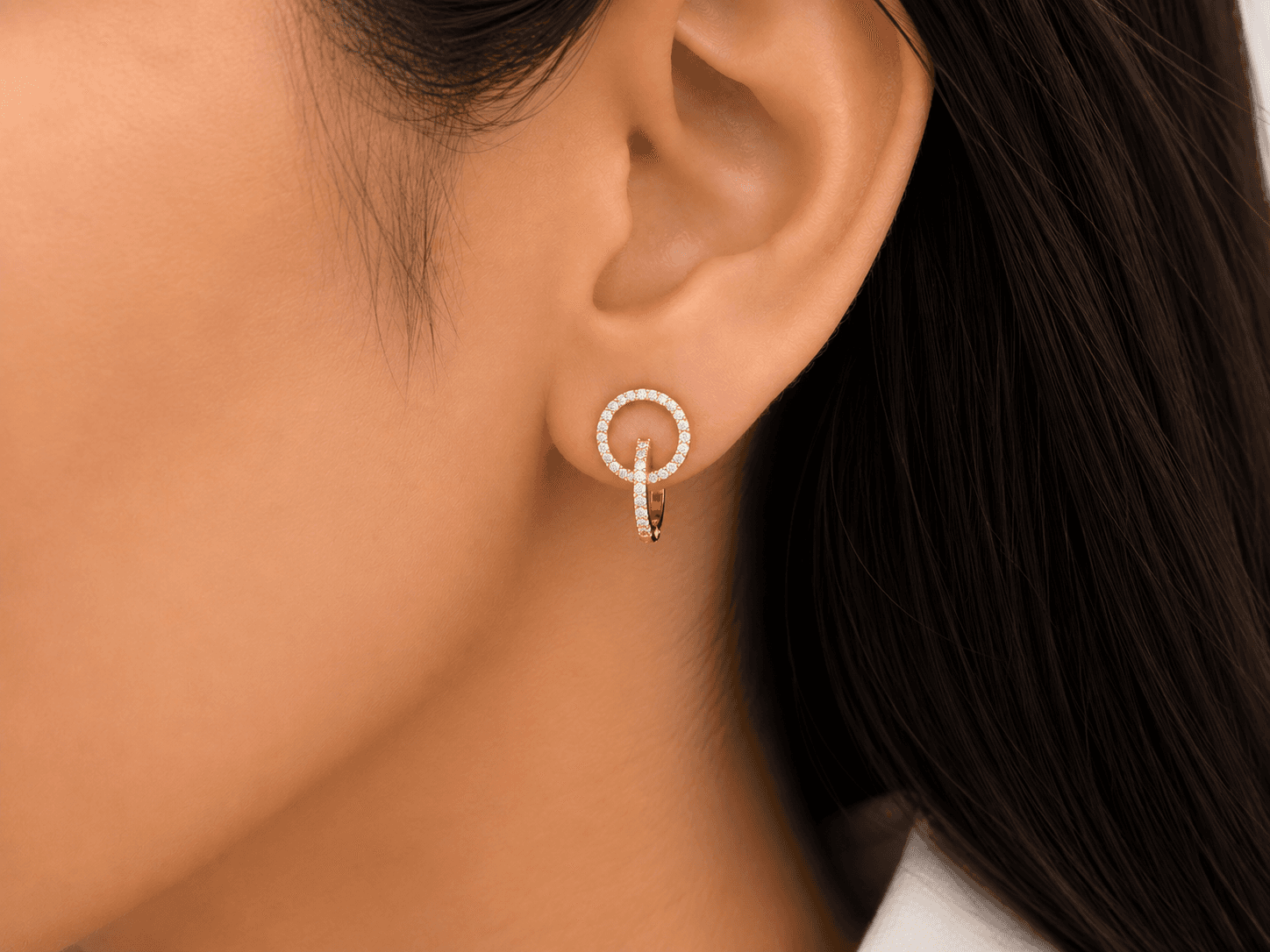 Double Circle Diamond Earring , Yellow Gold , 18 K
