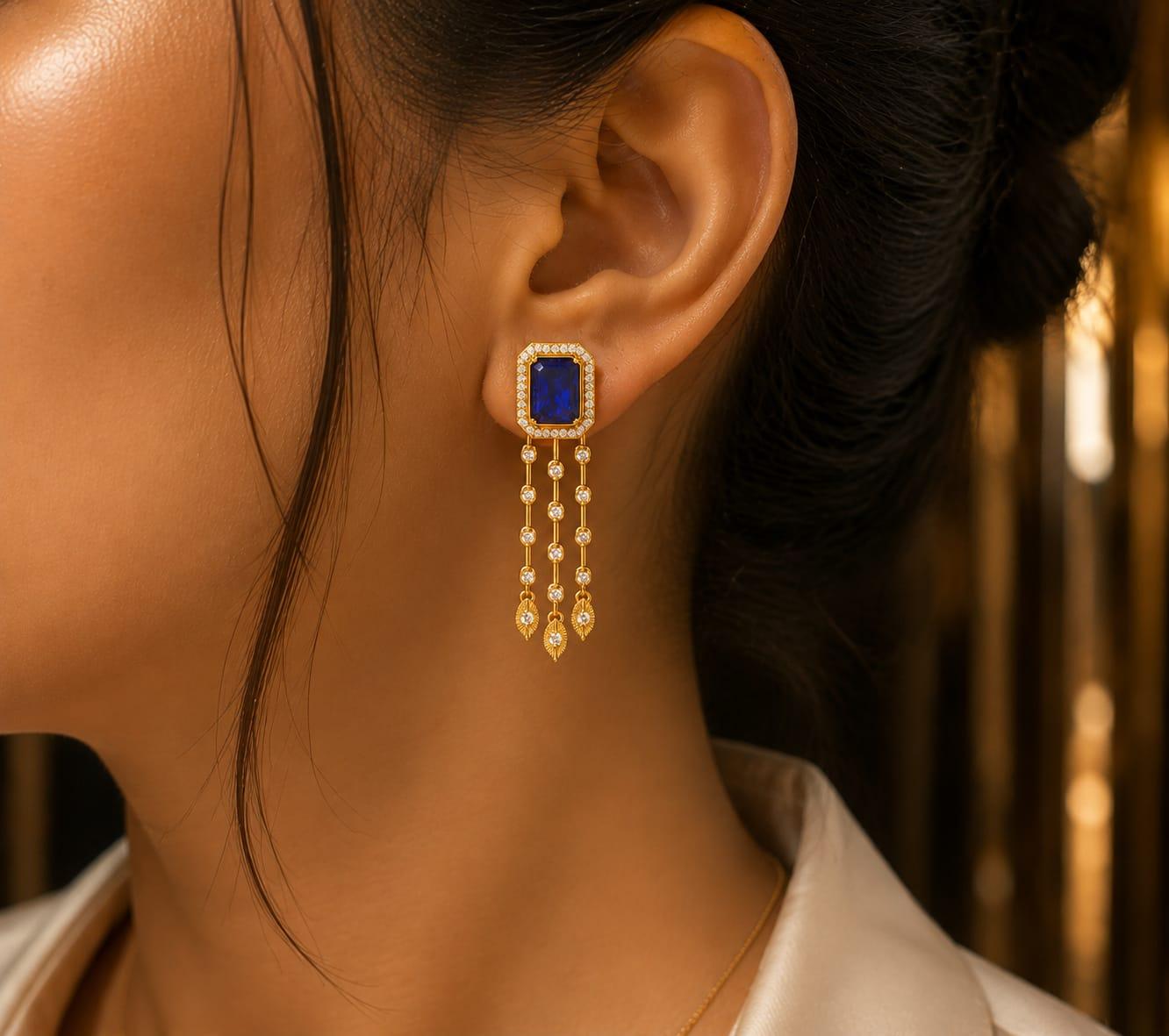 Blue Sapphre Diamond Earrings , Yellow Gold , 18 K