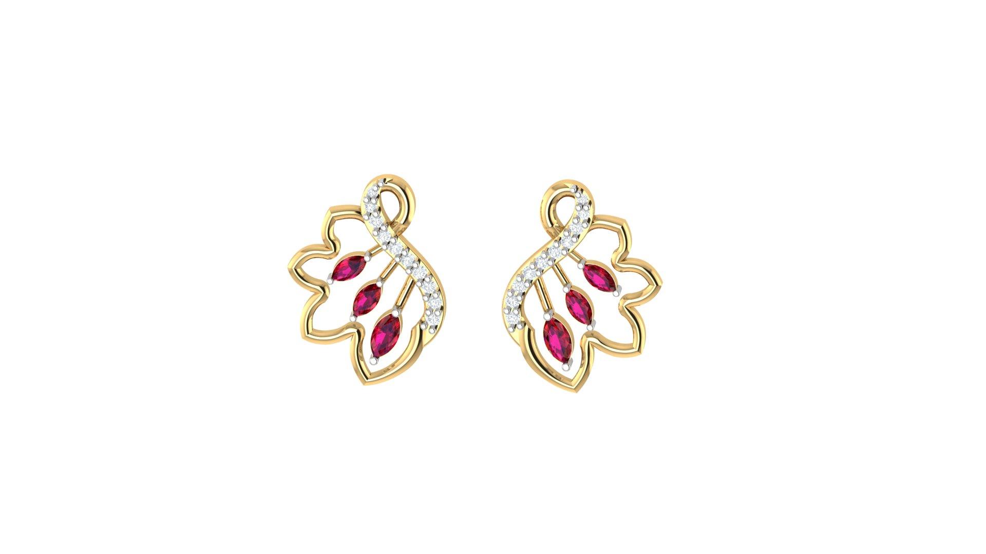 Ruby Diamond Earrings , Yellow Gold , 18 K