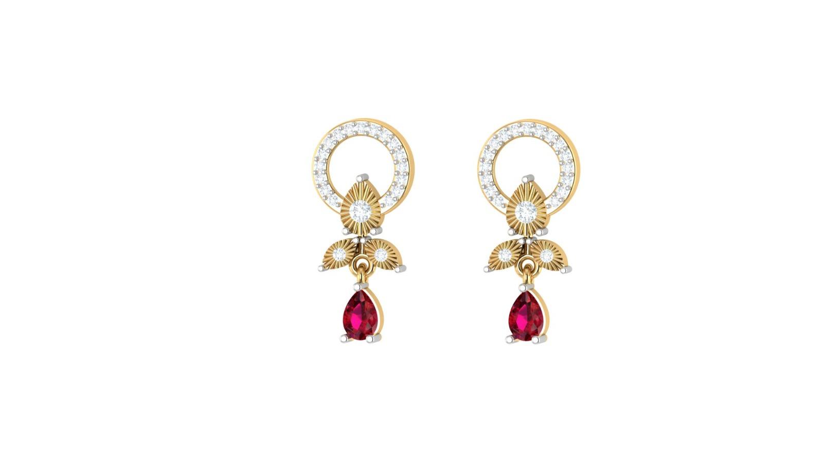 Ruby Drop Diamond Earrings , Yellow Gold , 18 K