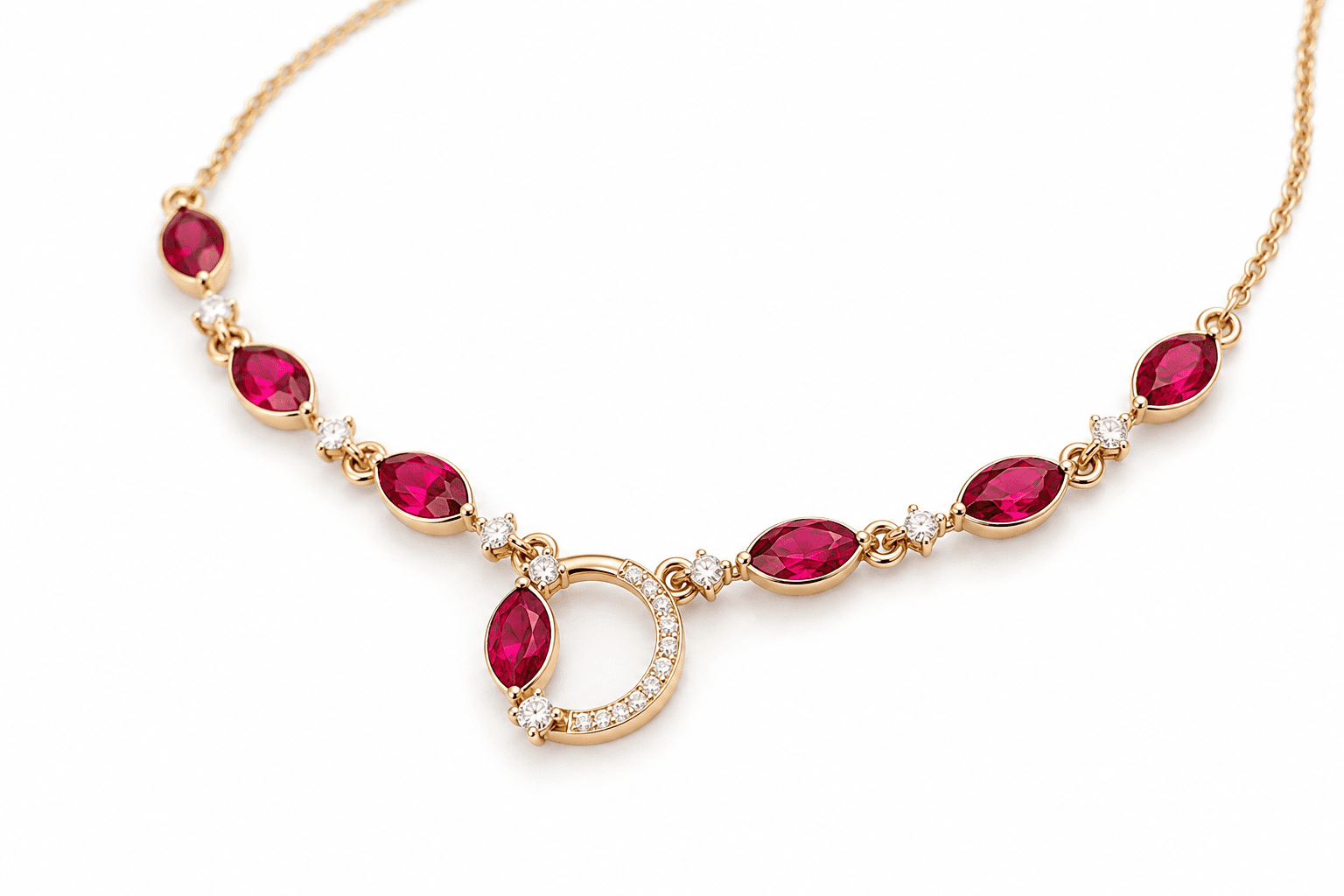Ruby Floral Halo Diamond Necklace , 16Inch , Yellow Gold , 18 K