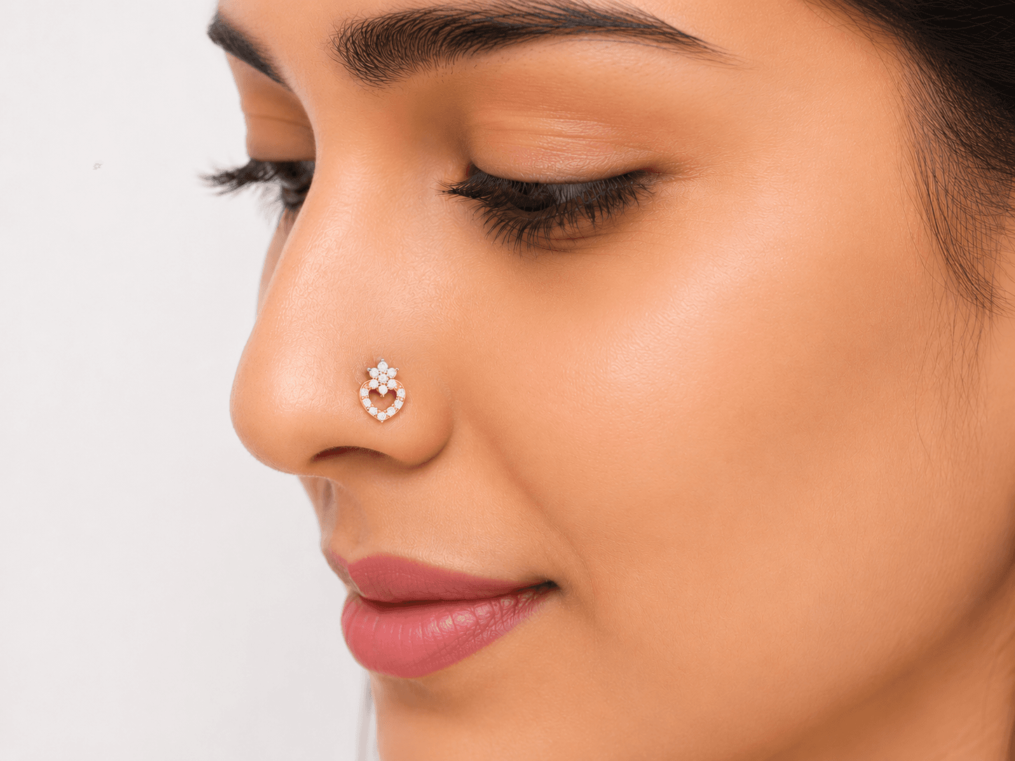 Floral Heart Diamond Nose Pin , Yellow Gold , 18 K