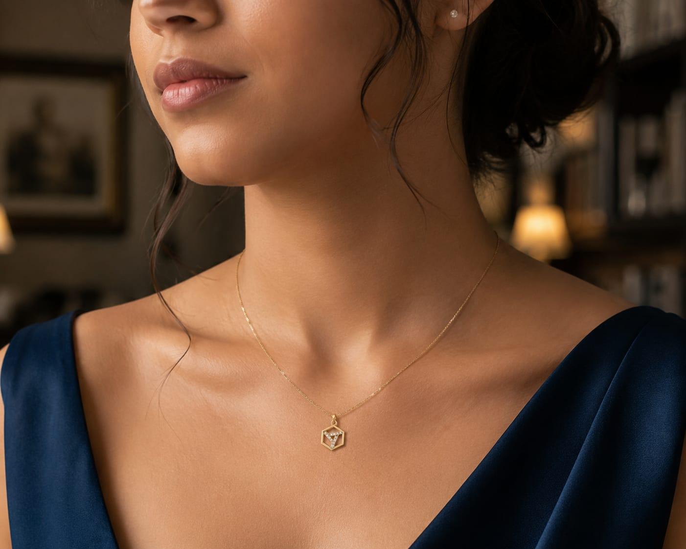Hexagon Diamond Pendant , Yellow Gold , 18 K