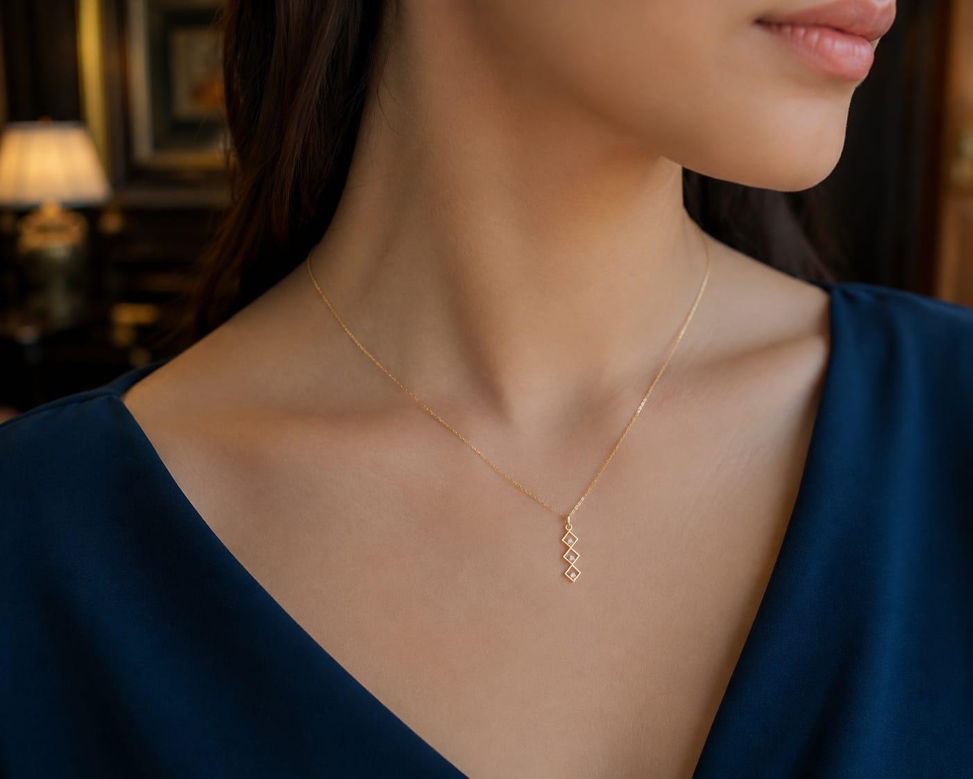 Triple Diamond Geometric Pendant , Yellow Gold , 18 K