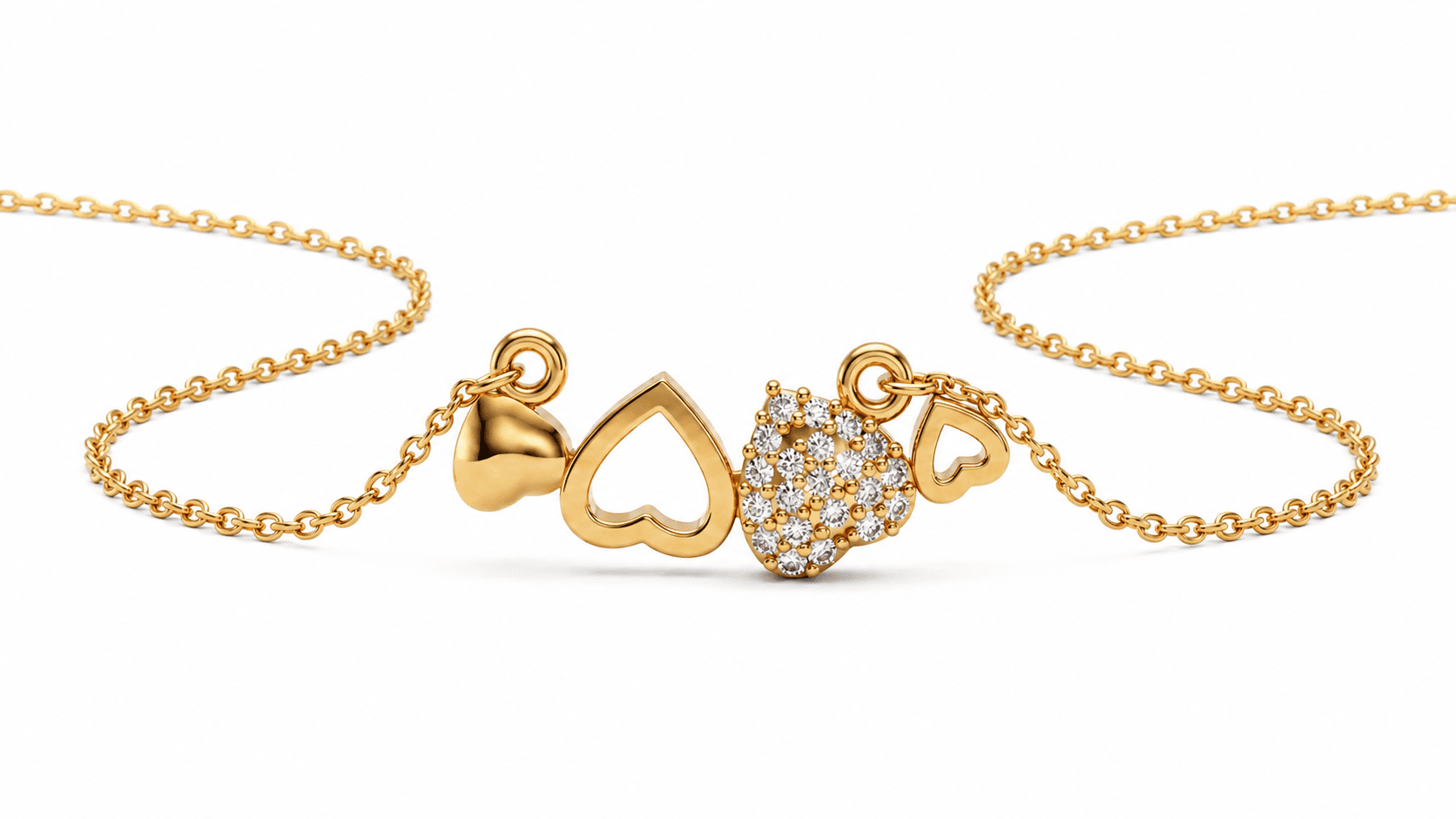 Hearts Necklace , 16Inch , Yellow Gold , 18 K