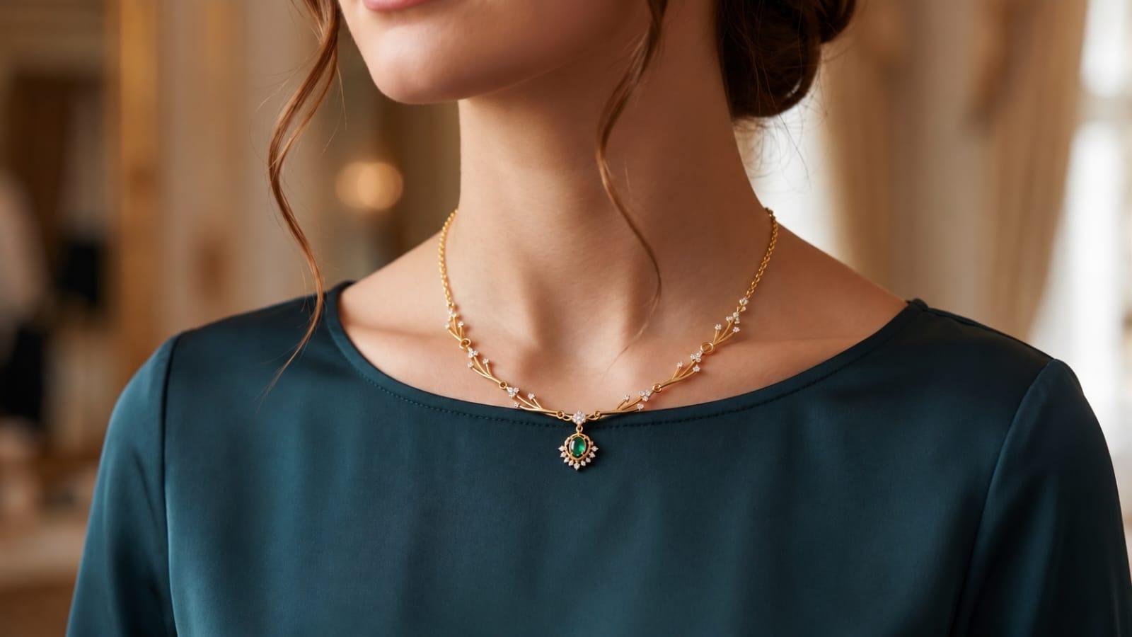 emerald vine pendant necklace , 16Inch , Yellow Gold , 18 K