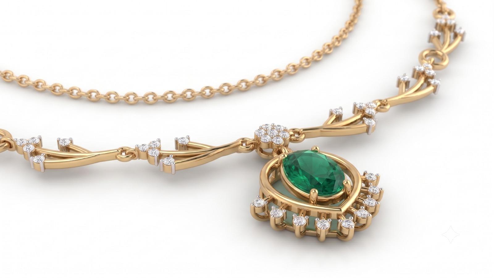 emerald vine pendant necklace , 16Inch , Yellow Gold , 18 K