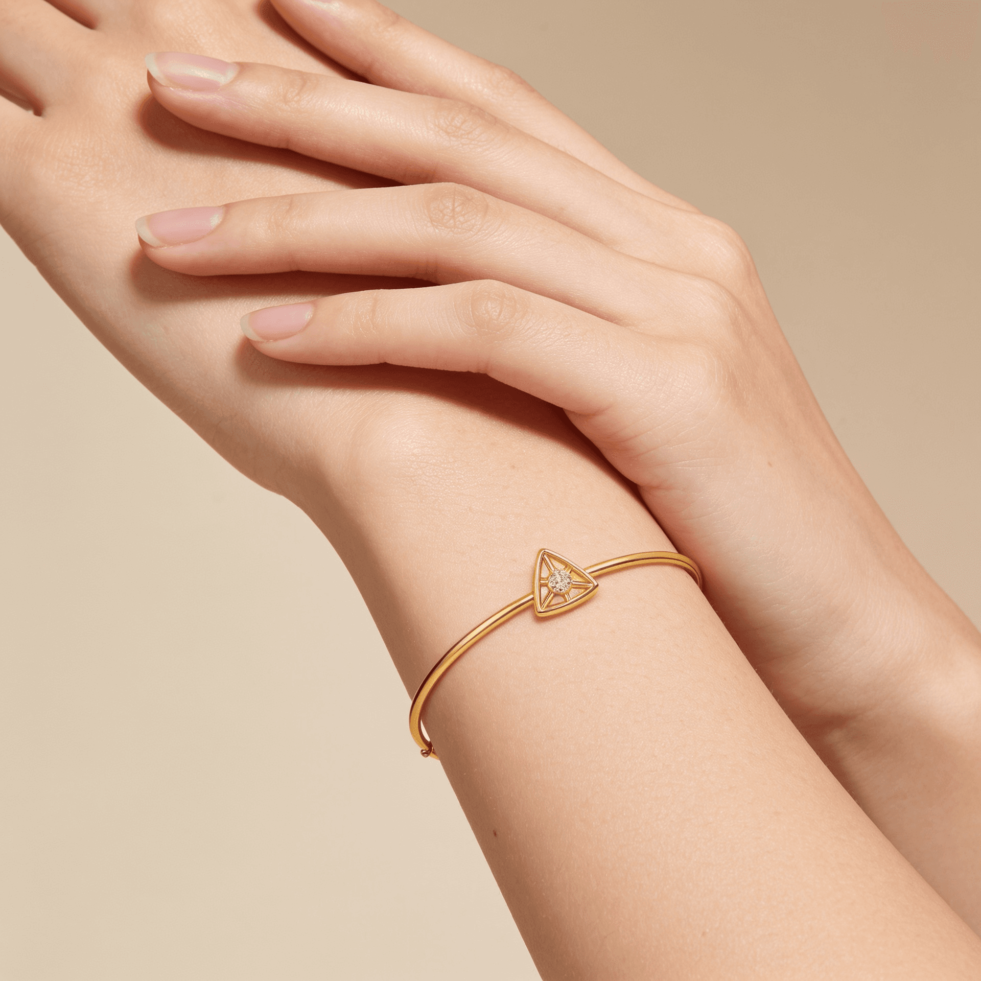 Triangle Diamond Open Bangle , Yellow Gold , 1.2 Inch , 18 K