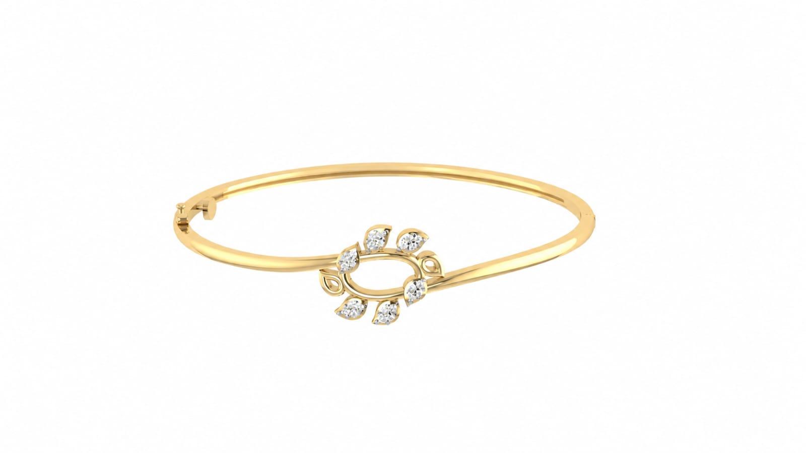 Leaf Motif Diamond Bangle , Yellow Gold , 1.2 Inch , 18 K