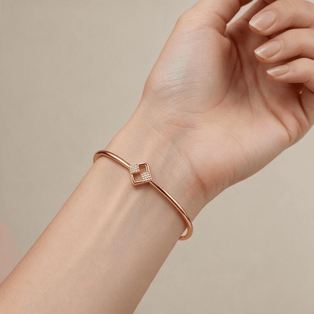 Elegant Square Diamond Bangle , Yellow Gold , 1.2 Inch , 18 K