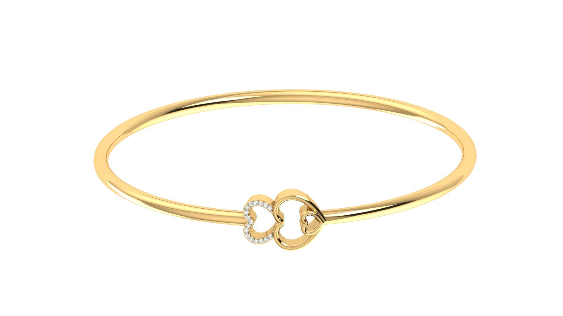 Duo Heart Diamond Bangle , Yellow Gold , 1.2 Inch , 18 K