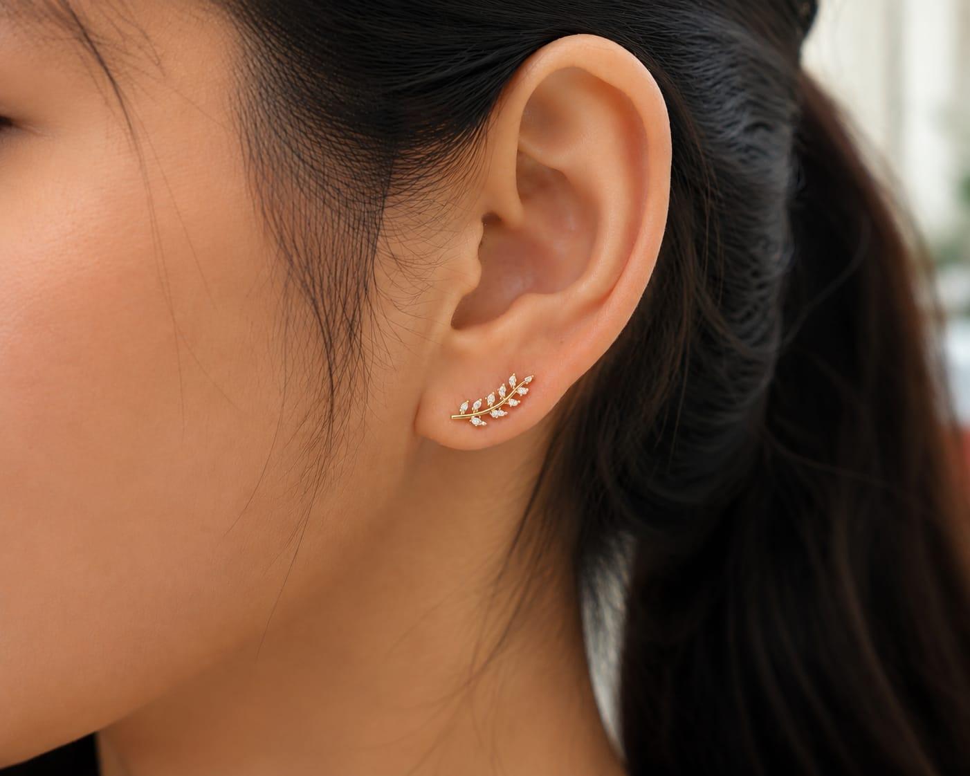 Luminous Leaf Diamond Earrings , Yellow Gold , 18 K