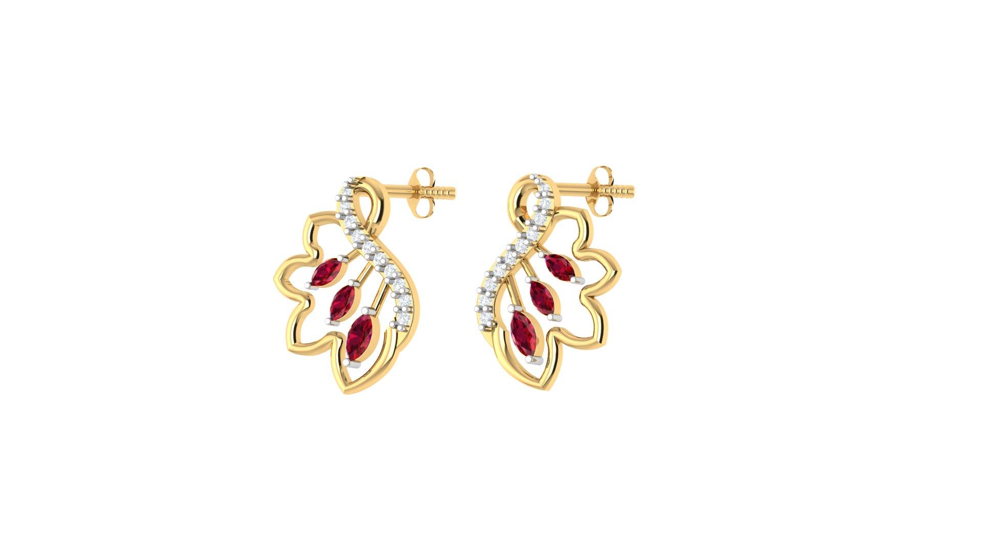 Ruby Diamond Earrings , Yellow Gold , 18 K