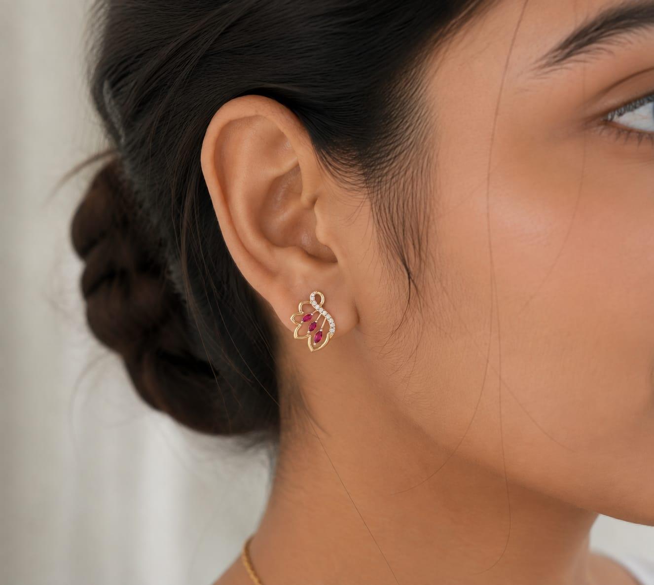 Ruby Diamond Earrings , Yellow Gold , 18 K