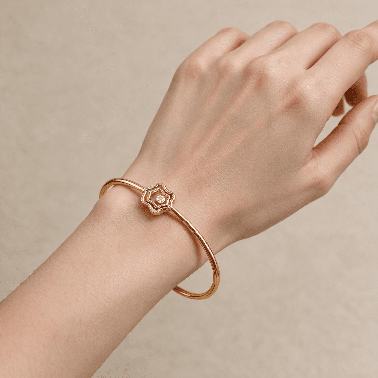 Floral Halo Diamond Bangle , Yellow Gold , 1.2 Inch , 18 K