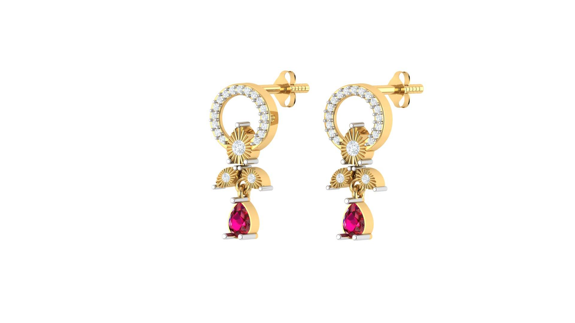 Ruby Drop Diamond Earrings , Yellow Gold , 18 K