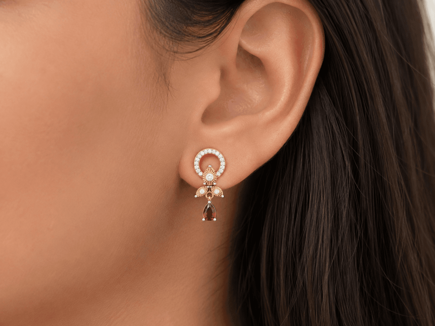 Ruby Drop Diamond Earrings , Yellow Gold , 18 K