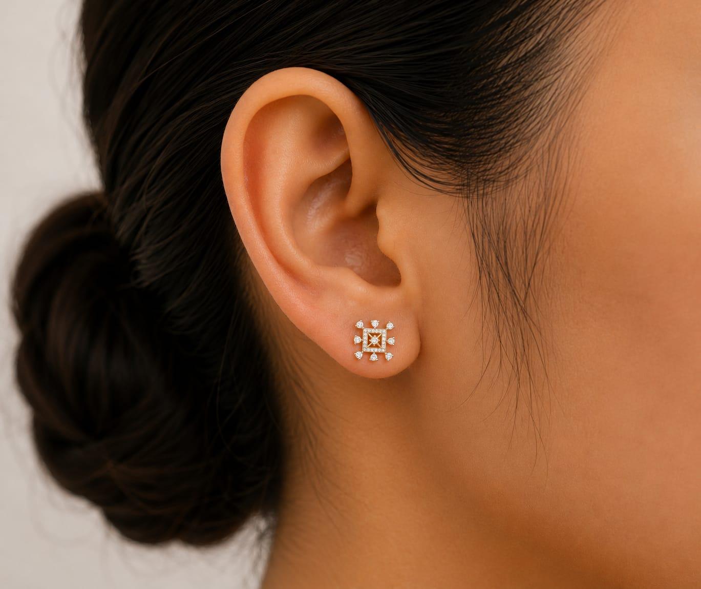 Square Diamond Earrings , Yellow Gold , 18 K