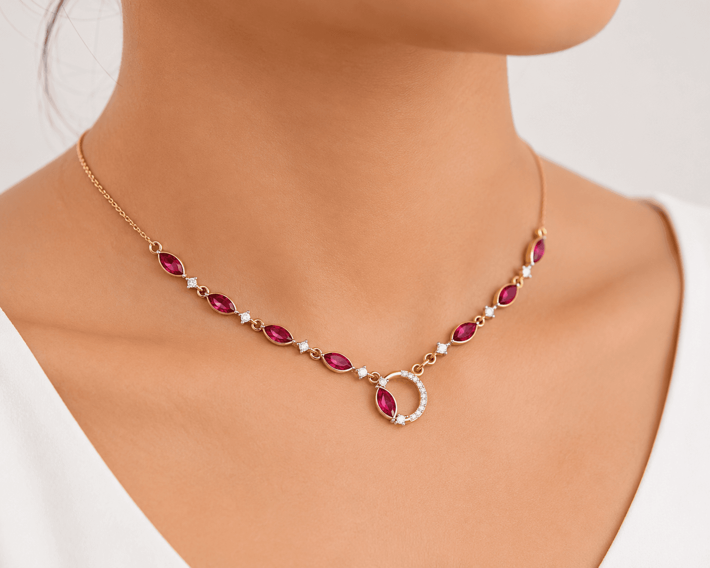 Ruby Floral Halo Diamond Necklace , 16Inch , Yellow Gold , 18 K