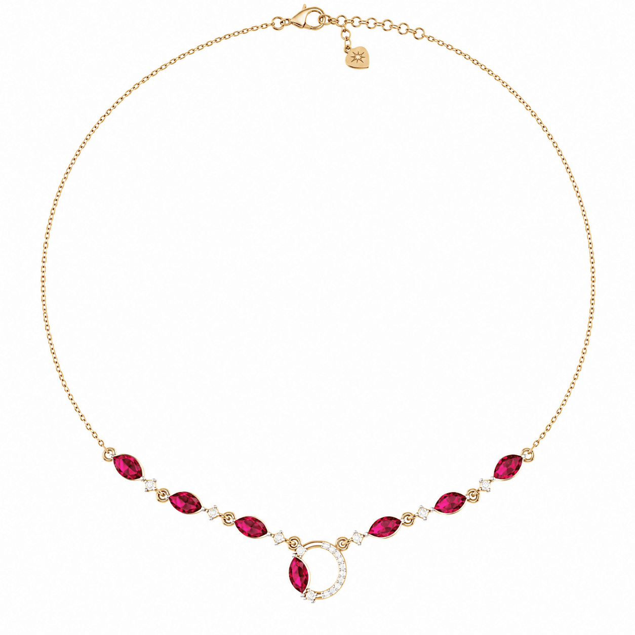 Ruby Floral Halo Diamond Necklace , 16Inch , Yellow Gold , 18 K