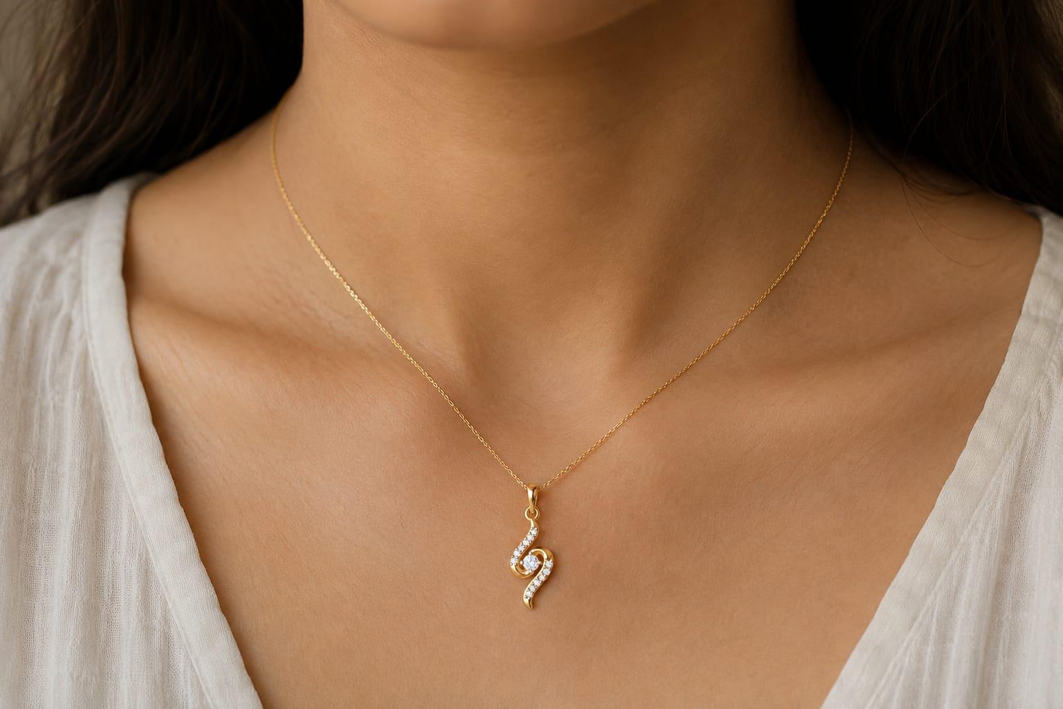 Elegant Swirl Diamond Pendant , Yellow Gold , 18 K