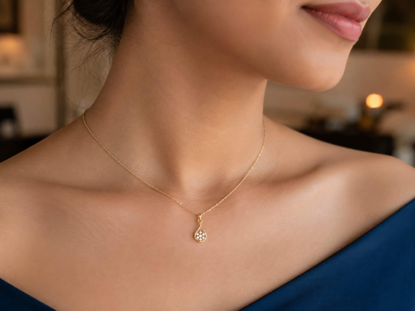 Teardrop Floral Diamond Pendant , Yellow Gold , 18 K