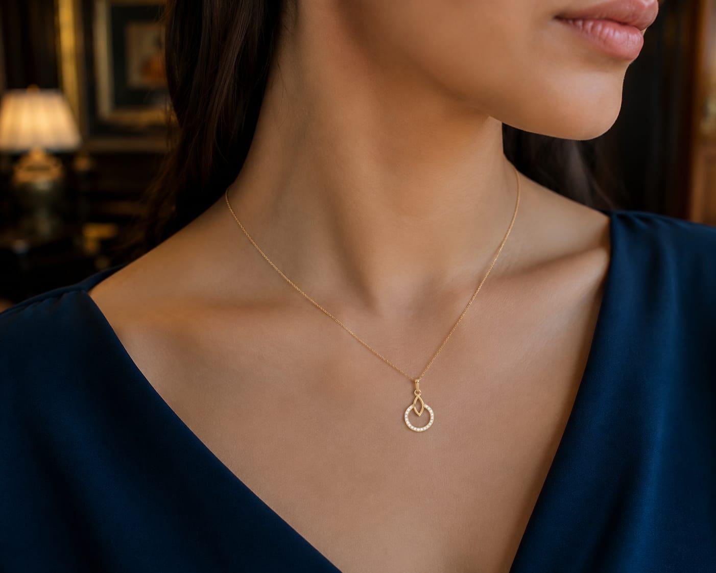 Elegant Diamond Teardrop Circle Pendant , Yellow Gold , 18 K
