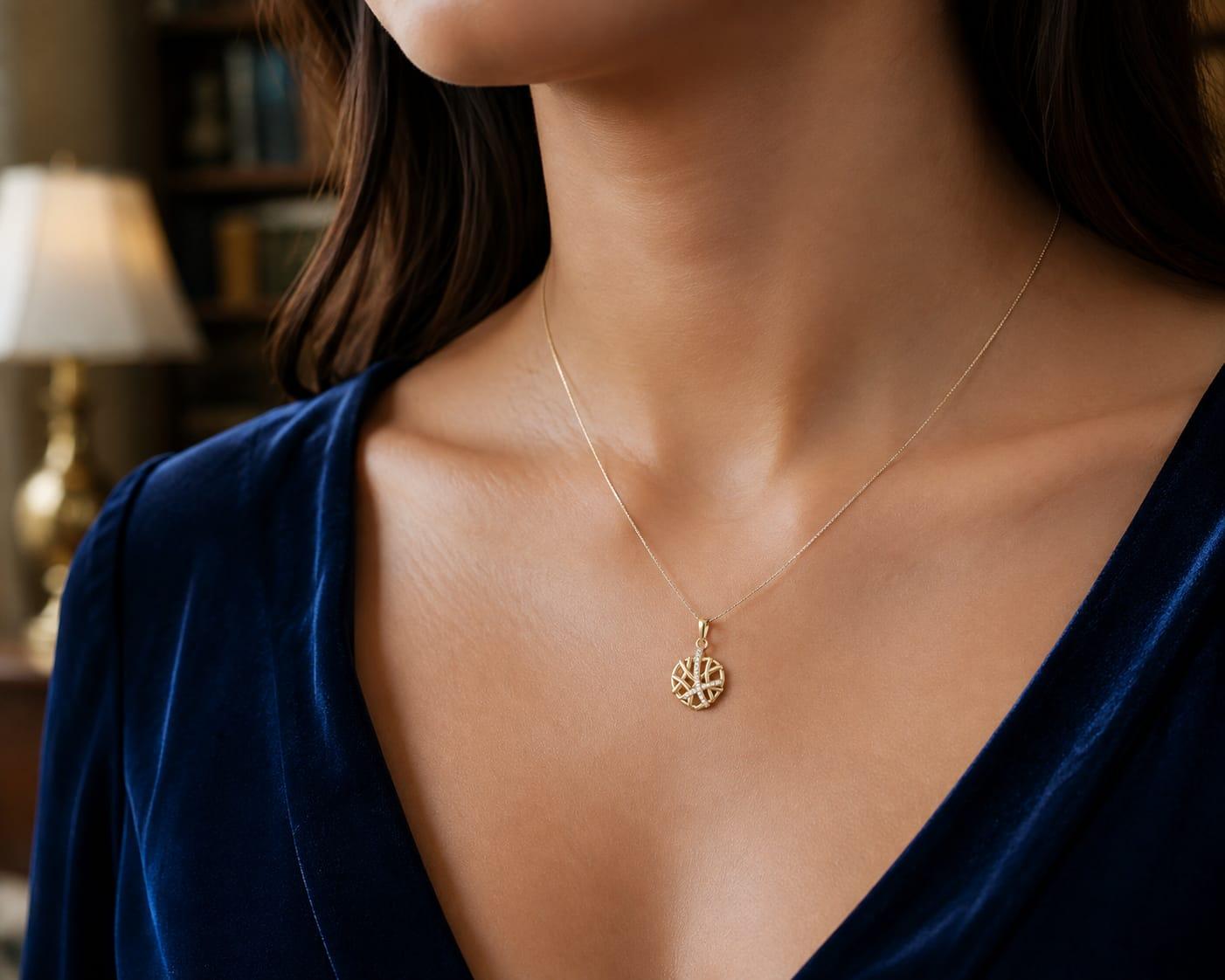 Lattice Diamond Heart Pendant , Yellow Gold , 18 K